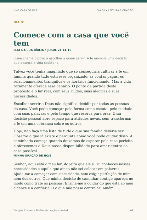 Página do primeiro dia, com reflexão e oração