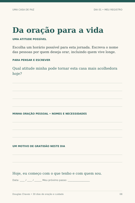 Página de registro do primeiro dia, com ação prática e espaço para escrever